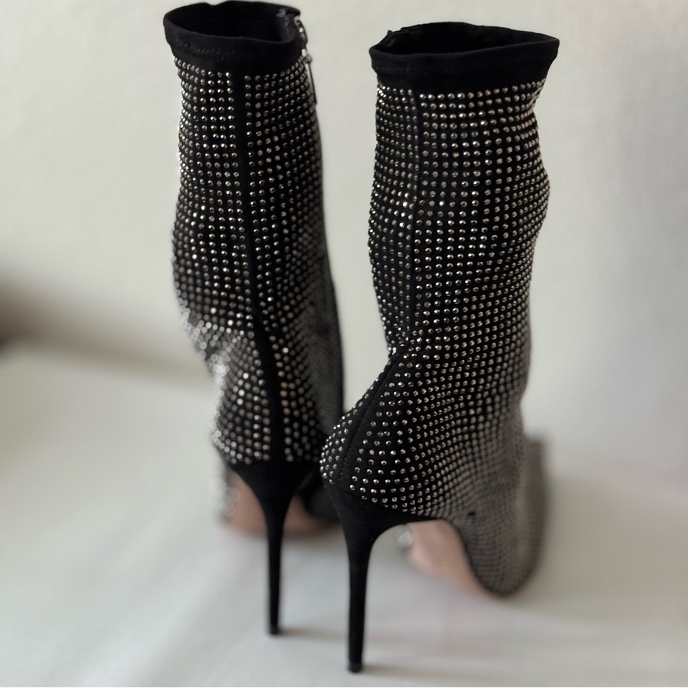 NEW! SCHUTZ Sybil Studded Point Toe High Heel Black Rhinestone Embellished Boots - Picture 10 of 12